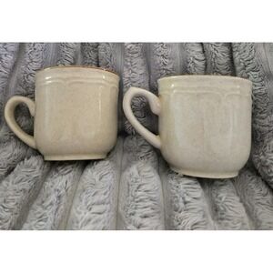 Vintage Speckled Stoneware Mugs Japan Cream Brown Trim Set of 2 Coffee Cups
